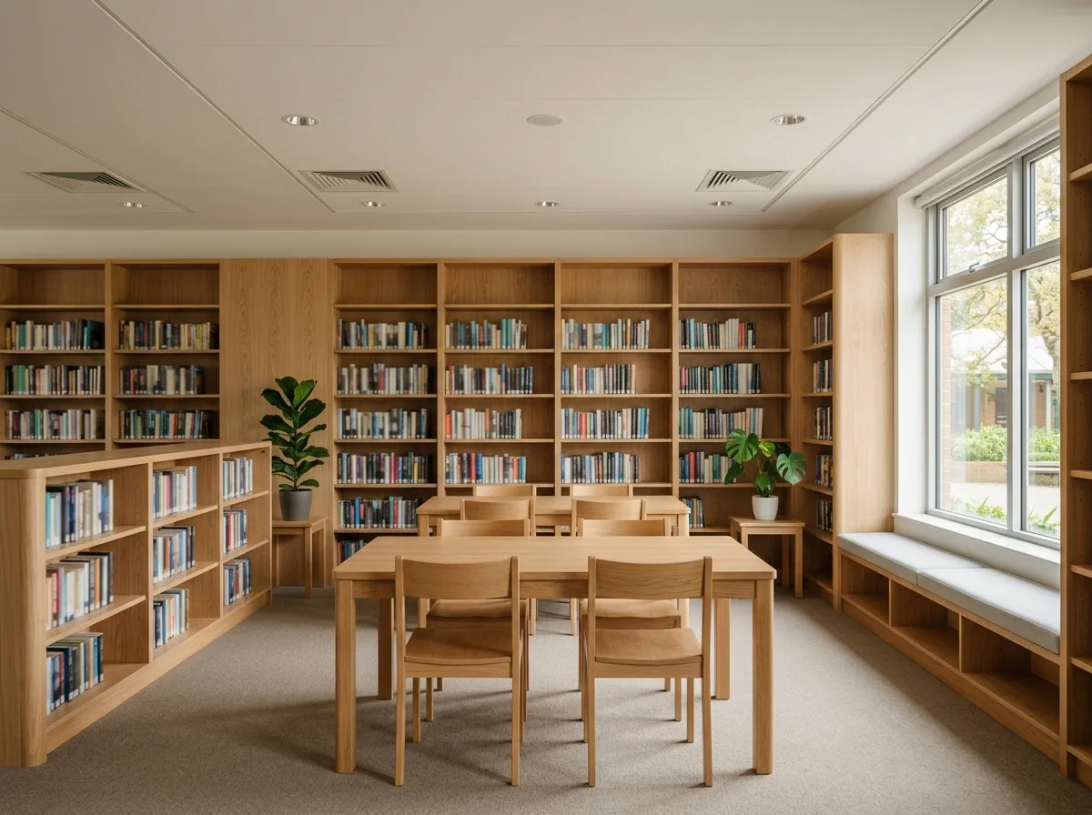 Biblioteka szkolna z regałami na książki i kącikiem czytelniczym na wymiar