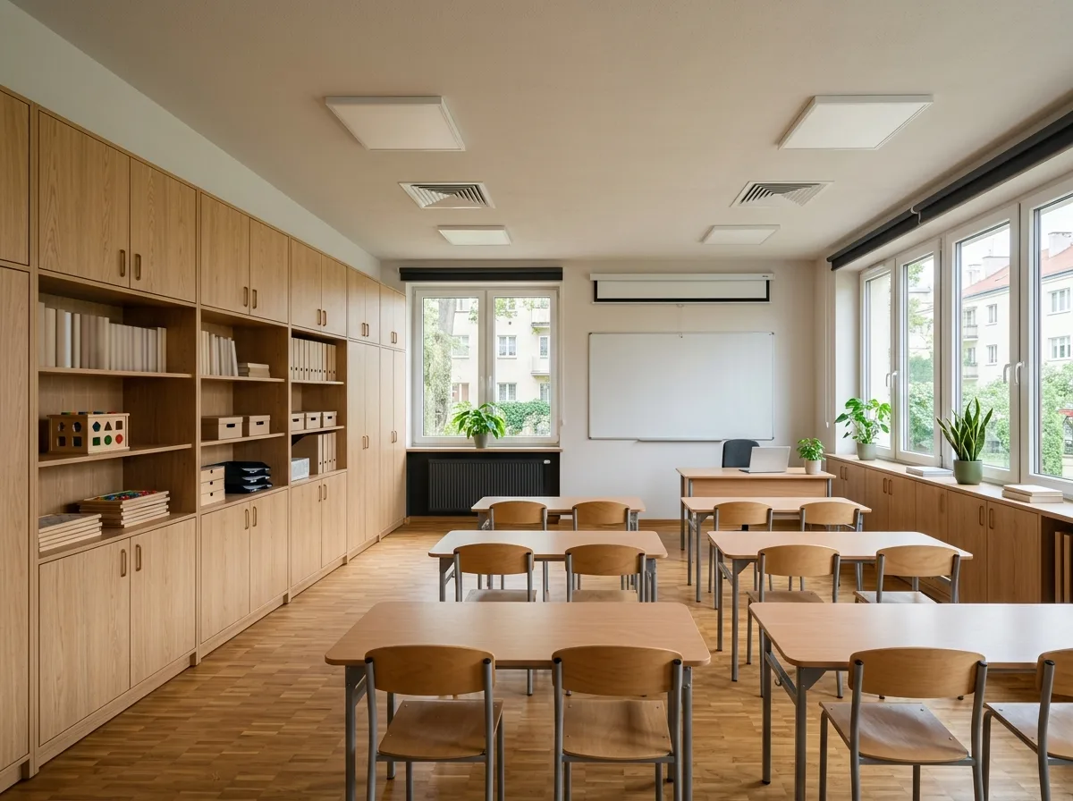 Sala lekcyjna z zabudową ścienną i szafami na pomoce dydaktyczne