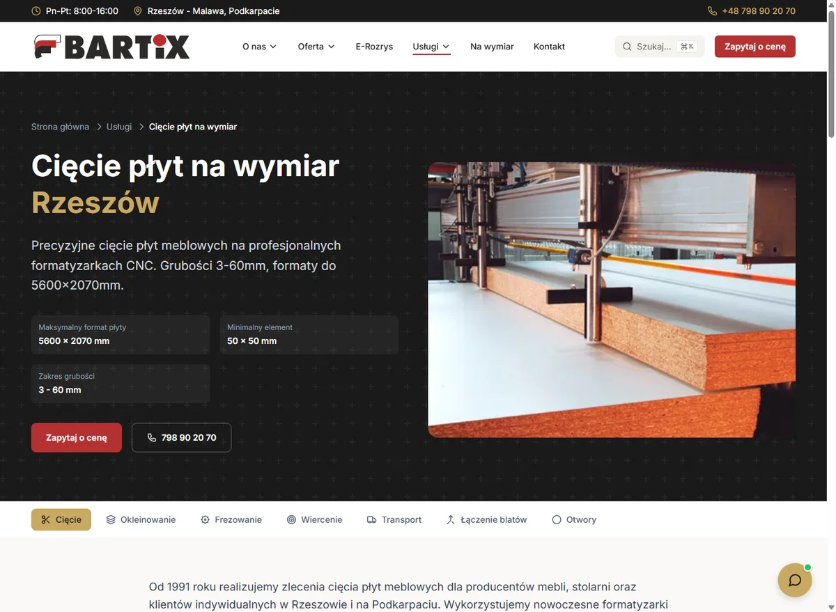 Screen strony BARTiX z usługą cięcia płyt