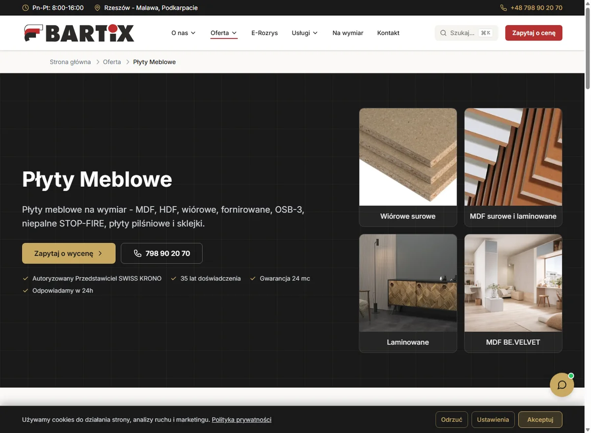Screen strony BARTiX z ofertą płyt meblowych