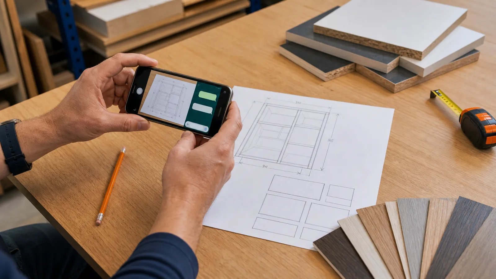 Szkic, telefon i próbki dekorów przed wysłaniem zapytania