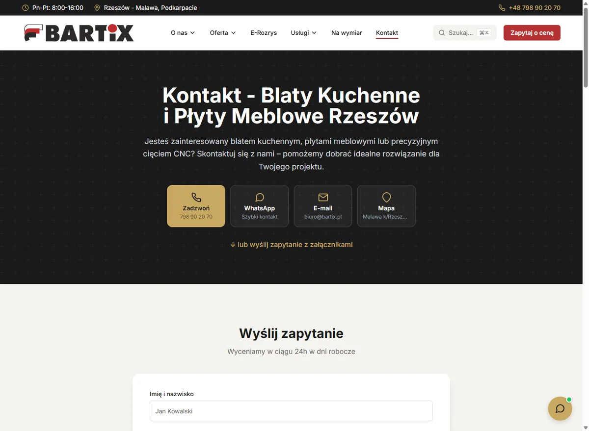 Formularz kontaktowy BARTiX do wysłania zapytania i załączników