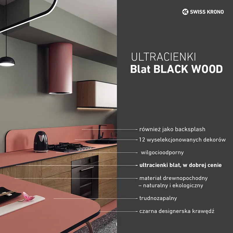 Swiss Krono blaty BLACK WOOD zastosowanie w nowoczesnej kuchni
